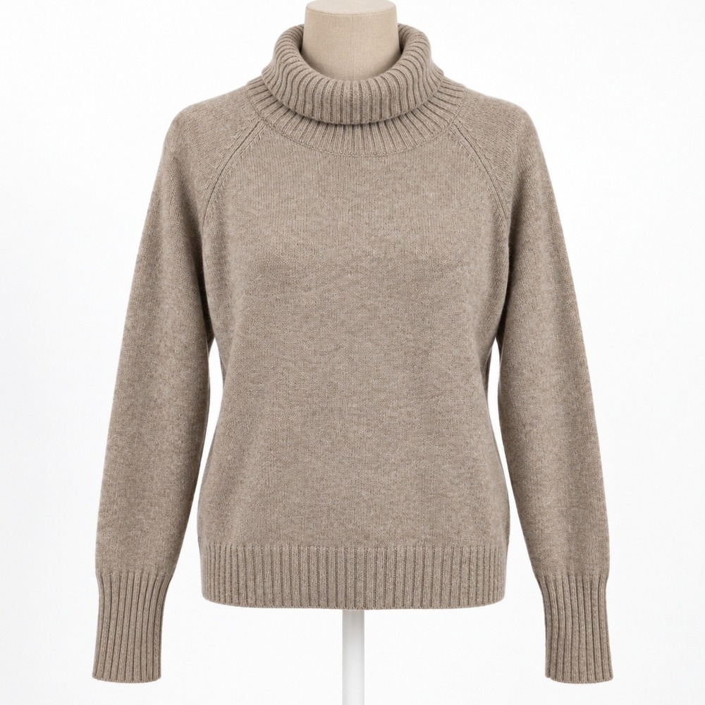Womens 100% Cashmere Turtleneck Sweater Size XL Tan Raglan Luxury 90s Minimalist